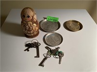LOT: Nesting Doll, Skeleton Keys, Etc.