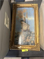 VTG REVERSE GLASS PAINTING OF SHIP AS IS