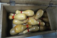 Wood box with mini bowling pins trophies