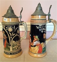 2 Unmatched pottery stein - relief, hand painted,