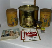 Large tin, printed canisters, vintage calendar,
