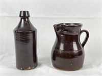 Brown Stoneware Bottle and Pitcher