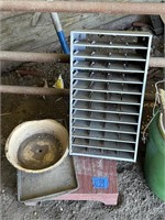 wood step, tin organizer and enamel bowl