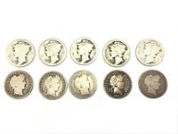 10 Dimes - 5 Barber, 5 Mercury, US Coins