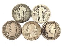 5 Silver Quarters Barber, Liberty + 1916-1936, US