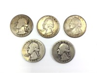 5 Washington Quarters 1936-S, 37, 37-D, 39, 40-D