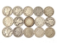 15 Silver Dimes, 7 Mercury, 8 Roosevelt, US Coins