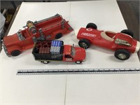 Mattel race car, Eldon firetruck and Mobil truck