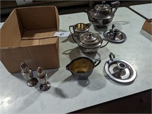 Silver Tea Pot, Candle Holders, Salt & Pepper