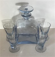 BLUE GLASS DECANTER AND SHOT GLASSES