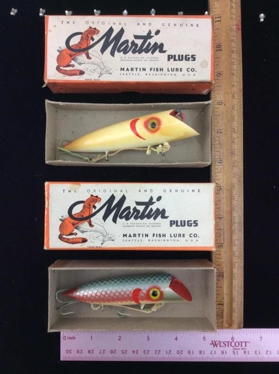 Vintage Wooden Martin Fishing Lures & Boxes