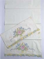 Pair of Embroidered Std Pillowcases Crocheted Trim