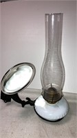Antique milk glass oil lamp, reflector, cast wall