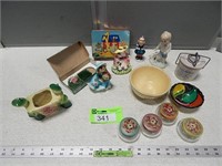 Figurines, small tin, planter, cheese crock, bowls