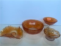 Vintage Marigold Carnival Glass Bowl & Dishes