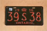 1938 ONTARIO LICENSE PLATE