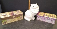 2 DECOR BOXES & CERAMIC CAT