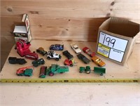 Metal and plastic toy cars, vice, etc.