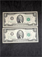2 Consecutive Serial Number 1976 $2 Bills