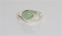 Silver, green stone and leaf ring