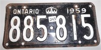 1959 Single Ontario License Plate 885 815