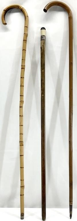 3 Antique / Vtg Carved Wood Walking Stick Canes
