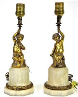 PAIR OF ANTIQUE GILT BRONZE CHERUB CANDLESTICKS