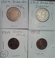 4 coins 2 barber halves & 2 pennies 1904 1908