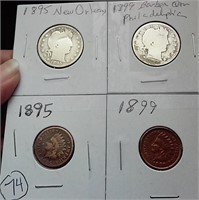 4 coins 2 Barber halfves & 2 pennies 1895 & 1899