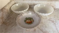2 MILK GLASS BOWLS AND ADVERTISING FROM W R FREED