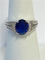 .925 Silver Blue Sapphire Ring Sz 7   E