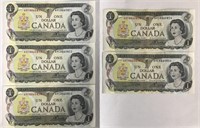 1973 Canadian dollar notes (4 consecutive)