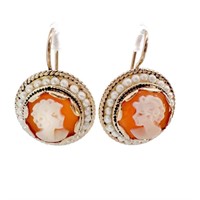 Hand Carved Pearl & Cameo Shell Earrings 14k