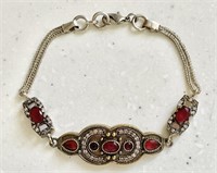 Sterling silver bracelet w/marcasites & red