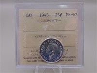 1945 Graded M S 62 Silver Quarter