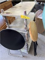 stool, metal table, wood shelves