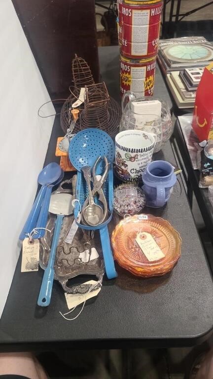 CARNIVAL GLASS, GRANITE UTENSILS & ASST. KITCHEN