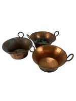 Hand hammered copper handled cauldron pots