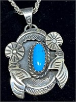 SILVER NAVAJO 2.88CT BLUE TURQUOISE NECKLACE