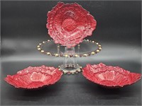 3- Red Leaf Bowls + Red & Yellow Beaded Cake Stand