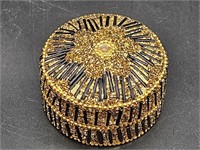 Vintage Round Black & Gold Beaded Trinket Box