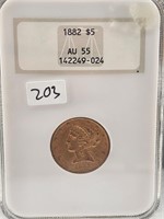 1882 $5 Gold Liberty NGC AU55