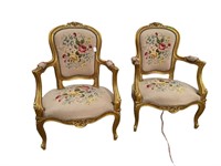 2 GOLD FRENCH CARVED NEEDLEPOINT CHAIRS
