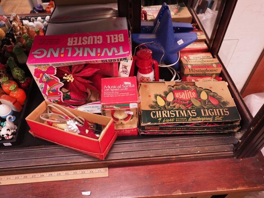 Vintage Christmas items, mostly in the