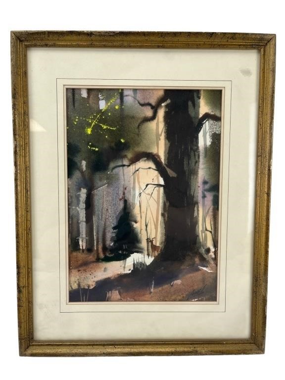 Ray Loos original signed watercolor forest art