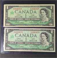 2 x Canada 1967 One Dollar Bills with Serials