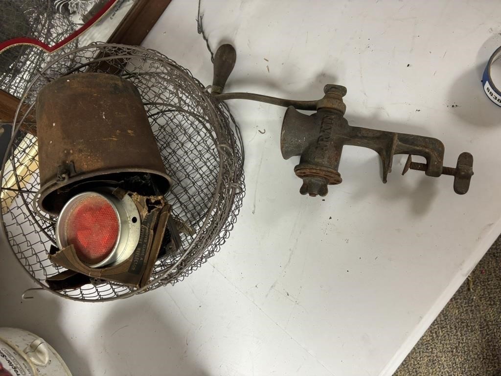 vintage grinder, 2 metal baskets, other metal