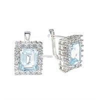 Cushion Cut Blue Topaz & Zircon Halo Earrings