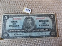 1937 Canadian $5.00 Bill (K/C 4892517)