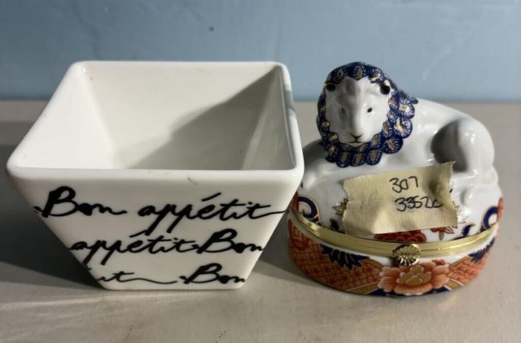 Ceramic White Bowl and Porcelain Lion Trinket Box